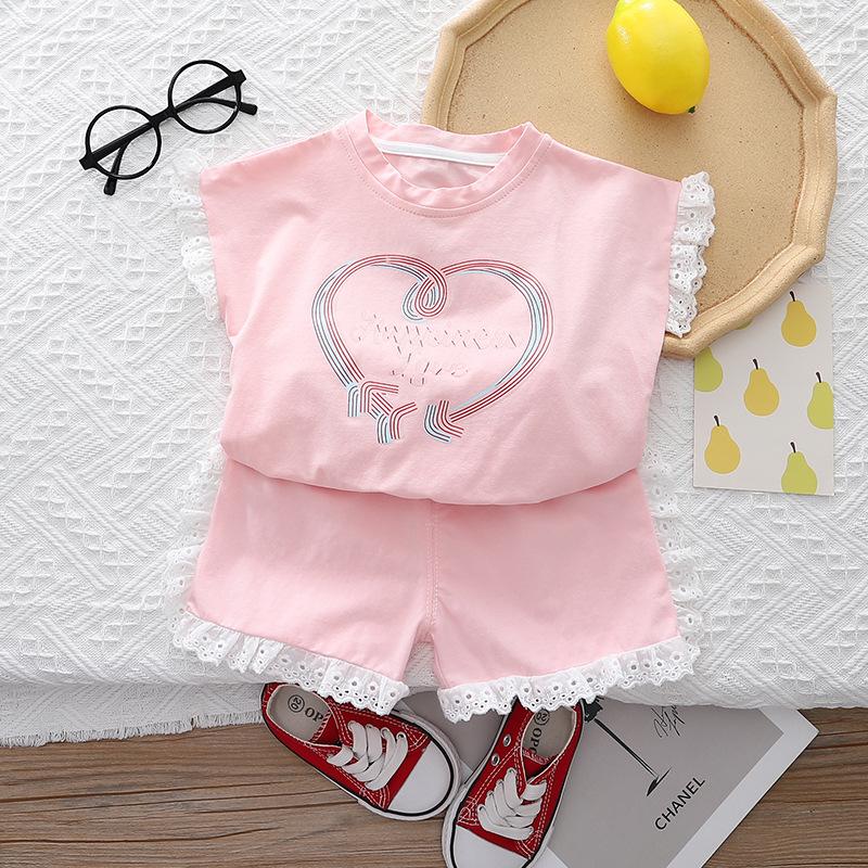 2 Pieces Set Baby Kid Girls Love heart Tops And Color-blocking Shorts Wholesale 230328245