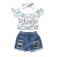 Load image into Gallery viewer, 3 Pieces Letter Star Print Set Top &amp; Sequins Denim Shorts &amp; Headband Wholesale 55152280

