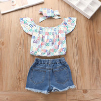 Load image into Gallery viewer, 3 Pieces Letter Star Print Set Top &amp; Sequins Denim Shorts &amp; Headband Wholesale 55152280
