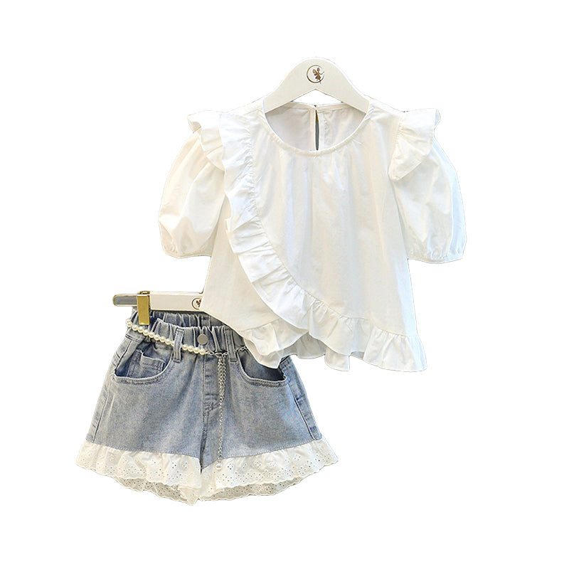 2 Pieces Set Kid Girls Solid Color Blouses And Lace Shorts Wholesale 220524295