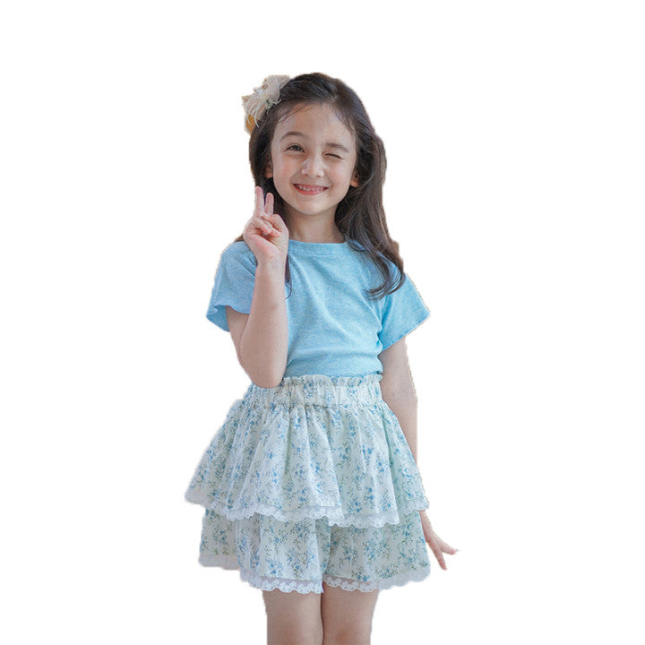 2 Pieces Set Baby Kid Girls Solid Color T-Shirts Flower And Lace Shorts Wholesale 220524191