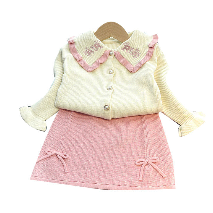 2 Pieces Set Baby Kid Girls Flower Embroidered Cardigan And Bow Skirts Wholesale 220927291