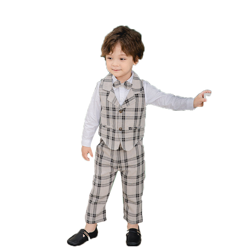 3 Pieces Set Baby Kid Boys Solid Color Bow Shirts Checked Vests Waistcoats And Pants Wholesale 221216394