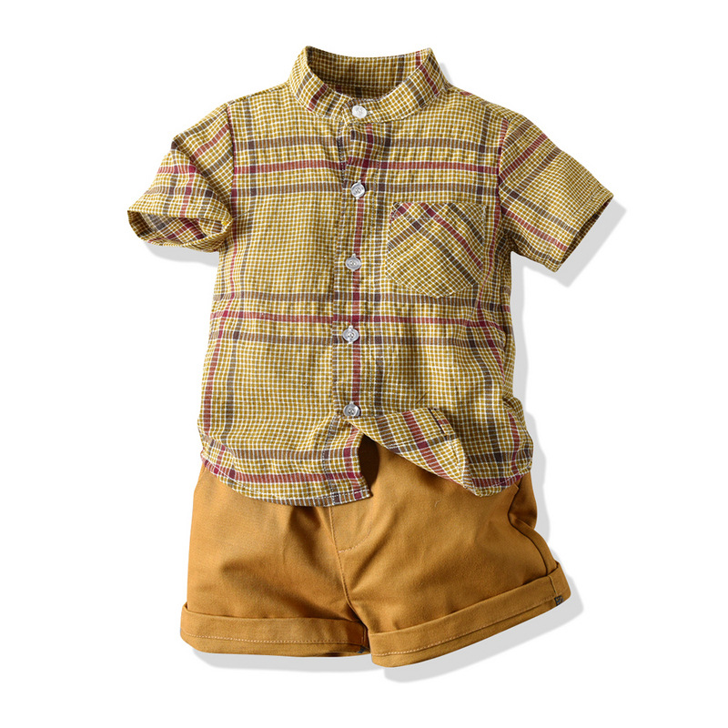 2 Pieces Set Baby Kid Boys Checked Print Shirts And Solid Color Shorts Wholesale 530711918