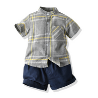 Load image into Gallery viewer, 2 Pieces Set Baby Kid Boys Checked Print Shirts And Solid Color Shorts Wholesale 530711918
